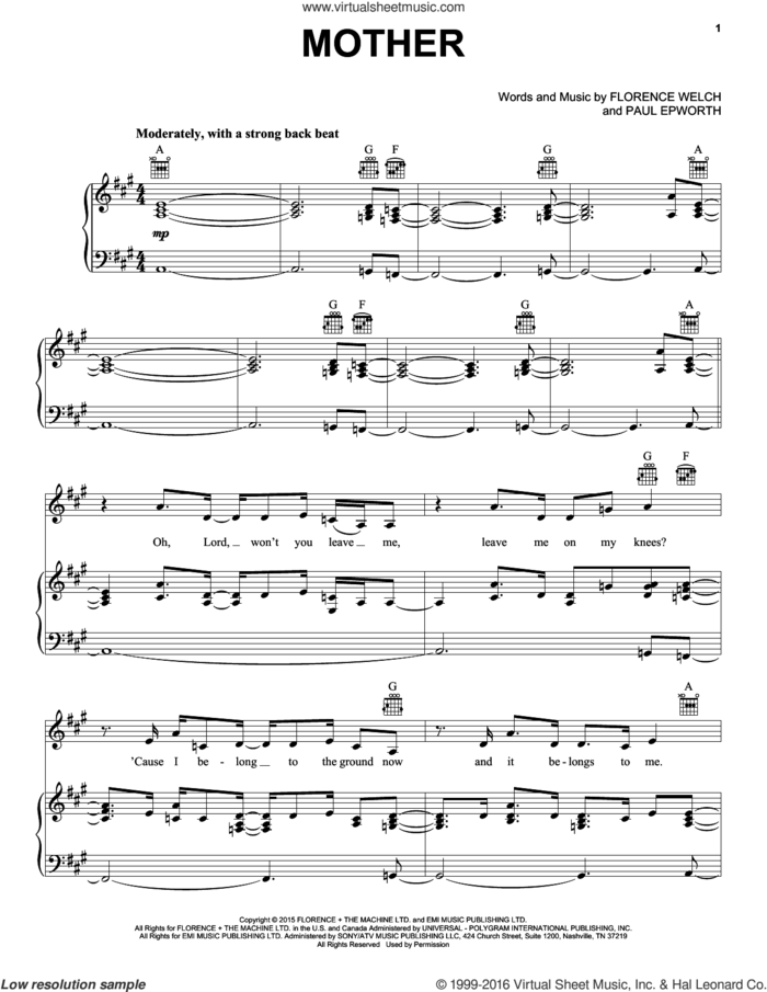 Mother sheet music for voice, piano or guitar by Florence And The Machine, Florence Welch and Paul Epworth, intermediate skill level