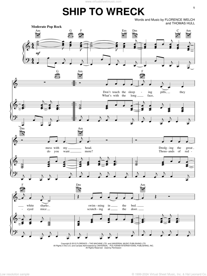 Ship To Wreck sheet music for voice, piano or guitar by Florence And The Machine, Florence Welch and Tom Hull, intermediate skill level