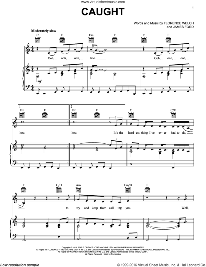 Caught sheet music for voice, piano or guitar by Florence And The Machine, Florence Welch and James Ford, intermediate skill level