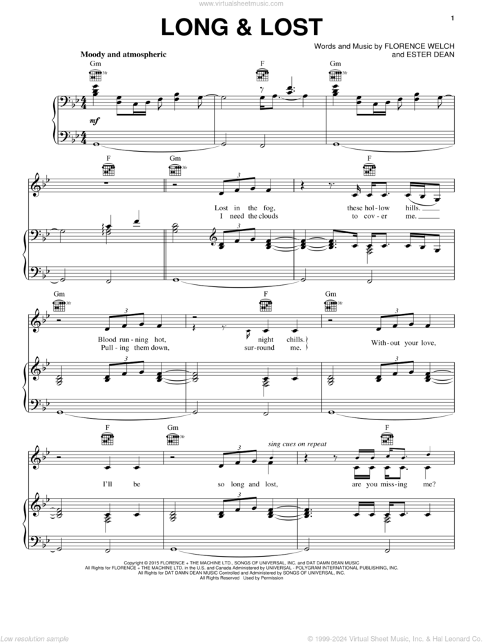 Long and Lost sheet music for voice, piano or guitar by Florence And The Machine, Ester Dean and Florence Welch, intermediate skill level