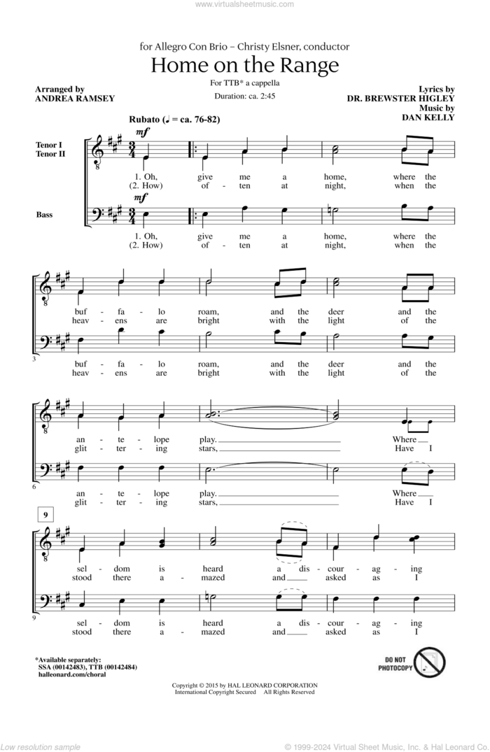 Home On The Range sheet music for choir (TTB: tenor, bass) by Dan Kelly, Andrea Ramsey and Dr. Brewster Higley, intermediate skill level