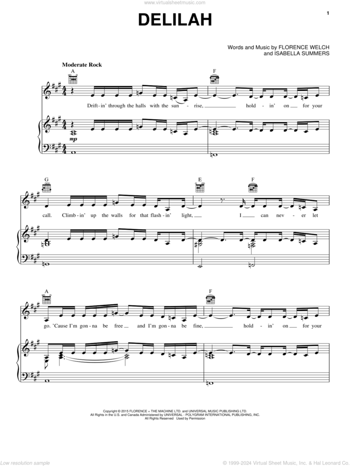 Delilah sheet music for voice, piano or guitar by Florence And The Machine, Florence Welch and Isabella Summers, intermediate skill level
