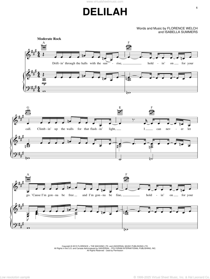 Delilah sheet music for voice, piano or guitar by Florence And The Machine, Florence Welch and Isabella Summers, intermediate skill level