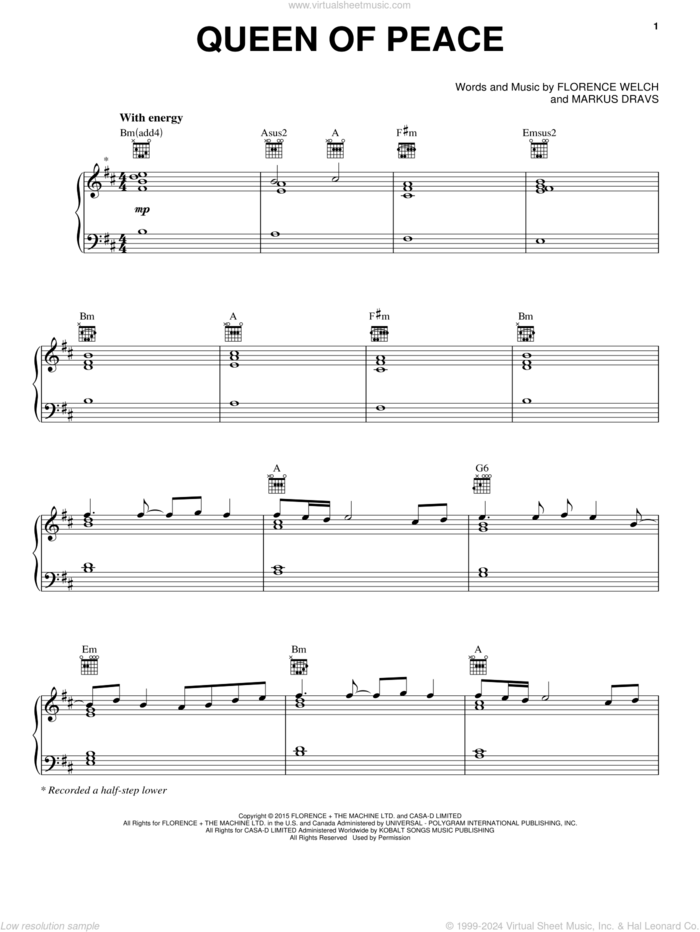 Queen Of Peace sheet music for voice, piano or guitar by Florence And The Machine, Florence Welch and Markus Dravs, intermediate skill level