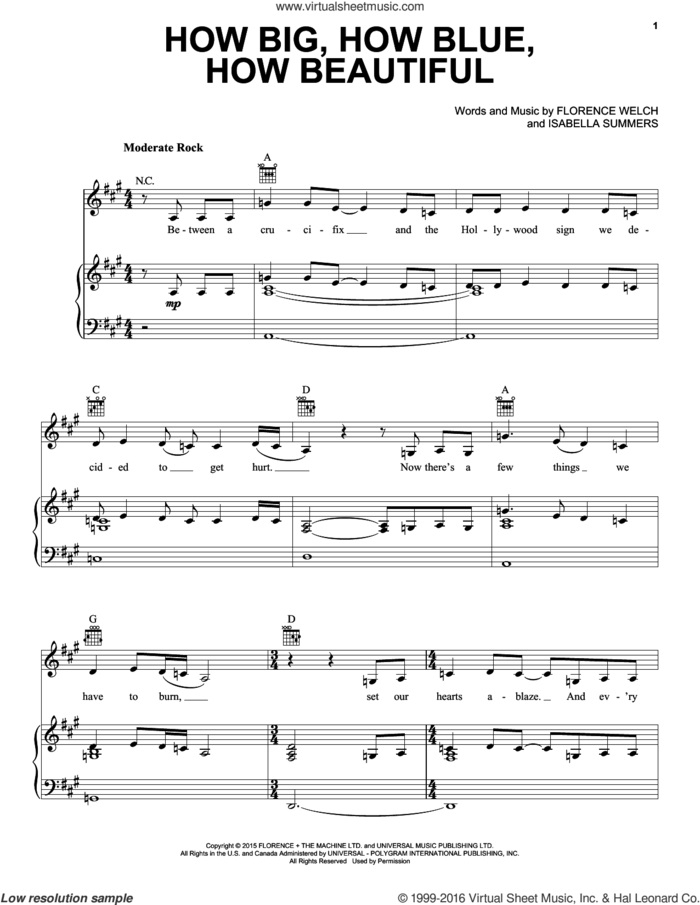 How Big, How Blue, How Beautiful sheet music for voice, piano or guitar by Florence And The Machine, Florence Welch and Isabella Summers, intermediate skill level