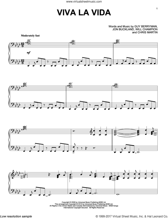 Viva La Vida [Jazz version] sheet music for piano solo by Coldplay, Chris Martin, Guy Berryman, Jon Buckland and Will Champion, intermediate skill level