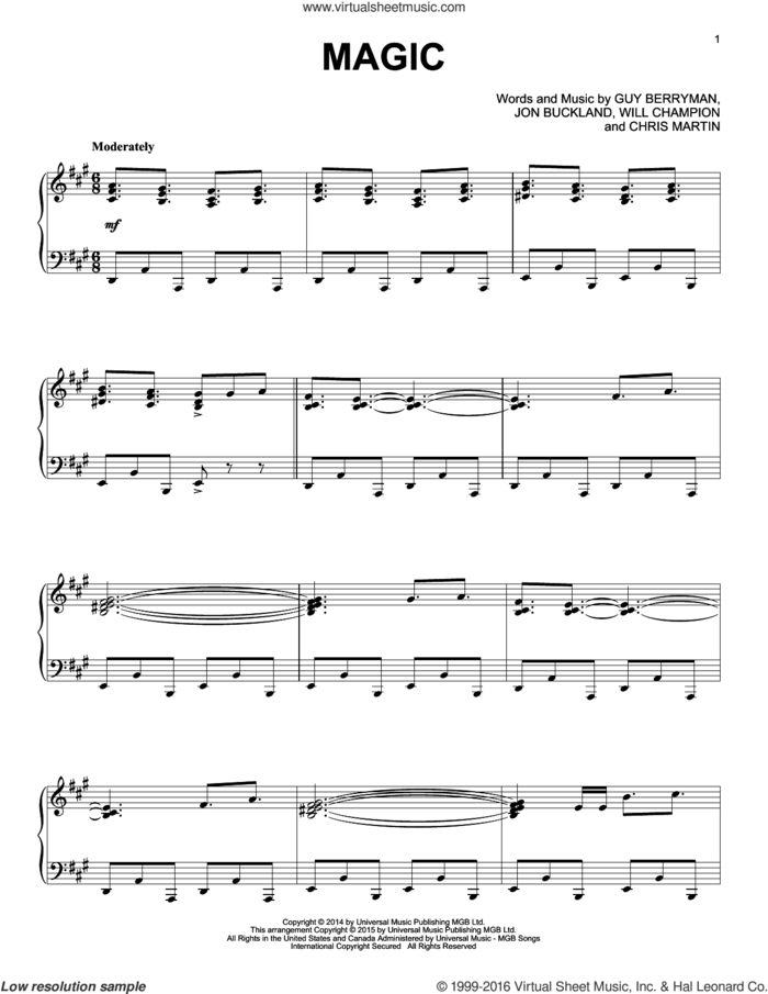 Magic [Jazz version] sheet music for piano solo by Coldplay, Chris Martin, Guy Berryman, Jon Buckland and Will Champion, intermediate skill level