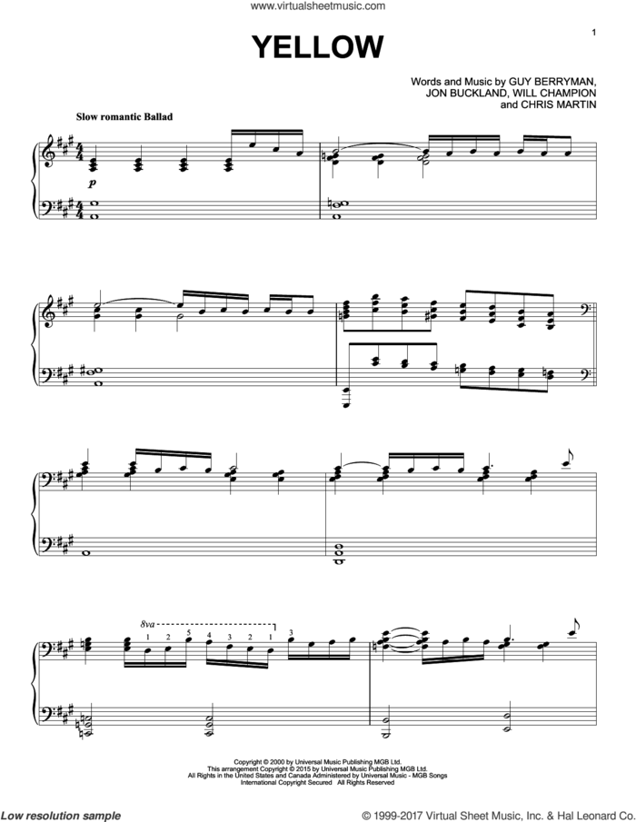 Yellow [Jazz version] sheet music for piano solo by Coldplay, Chris Martin, Guy Berryman, Jon Buckland and Will Champion, intermediate skill level