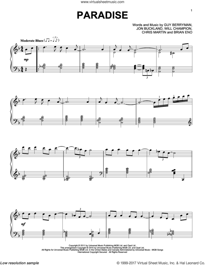 Paradise [Jazz version] sheet music for piano solo by Coldplay, Brian Eno, Chris Martin, Guy Berryman, Jon Buckland and Will Champion, intermediate skill level