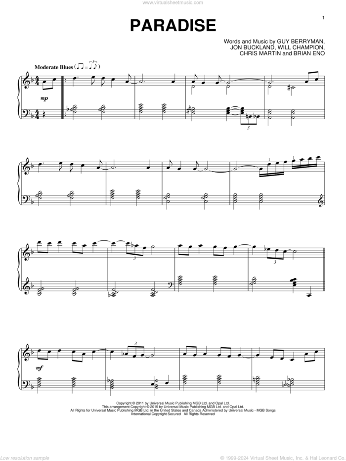 Paradise [Jazz version] sheet music for piano solo by Coldplay, Brian Eno, Chris Martin, Guy Berryman, Jon Buckland and Will Champion, intermediate skill level