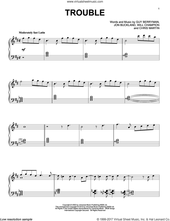 Trouble [Jazz version] sheet music for piano solo by Coldplay, Chris Martin, Guy Berryman, Jon Buckland and Will Champion, intermediate skill level