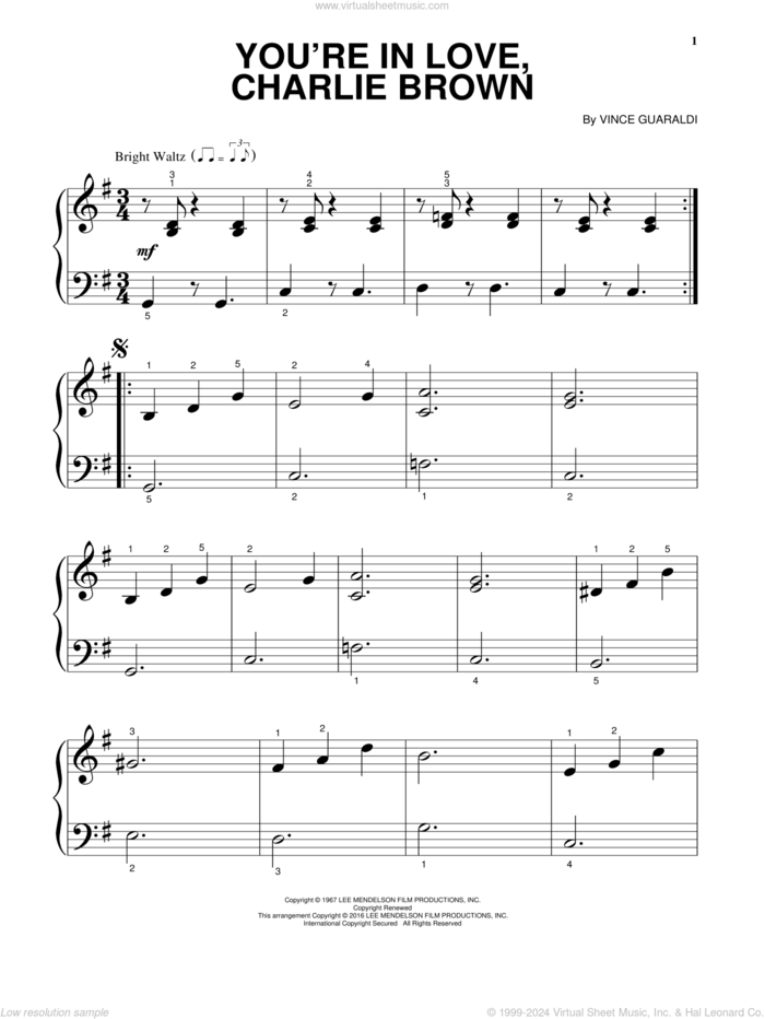 You're In Love, Charlie Brown sheet music for piano solo by Vince Guaraldi, beginner skill level