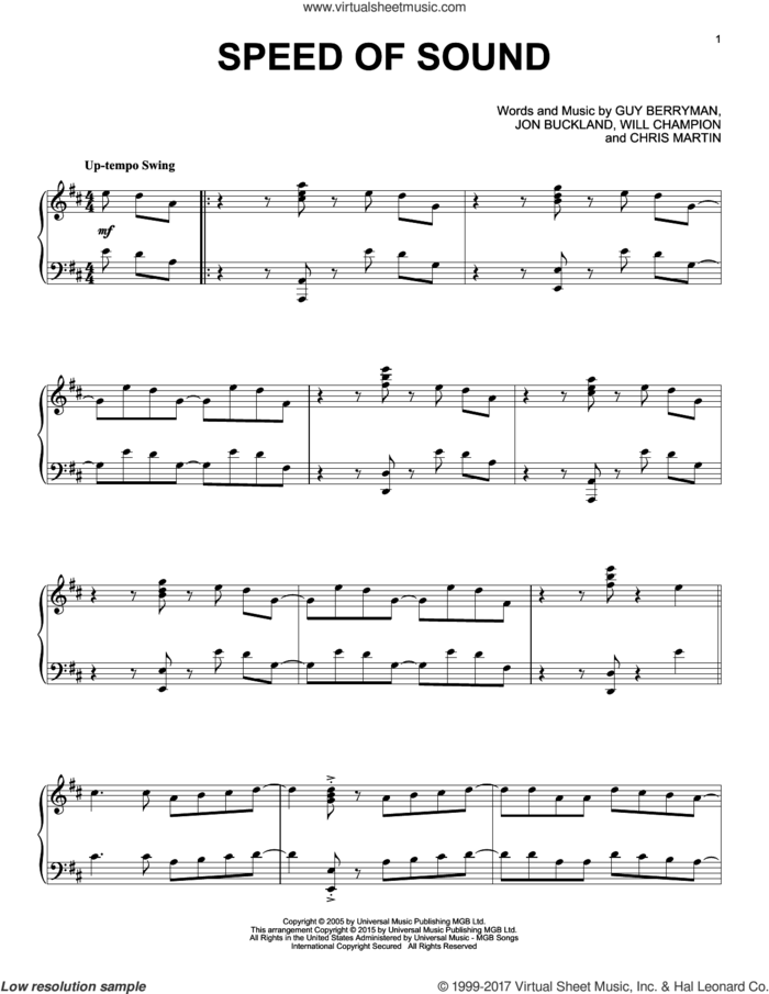Speed Of Sound [Jazz version] sheet music for piano solo by Coldplay, Chris Martin, Guy Berryman, Jon Buckland and Will Champion, intermediate skill level