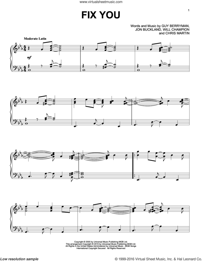 Fix You [Jazz version] sheet music for piano solo by Coldplay, Javier Colon, Chris Martin, Guy Berryman, Jon Buckland and Will Champion, intermediate skill level