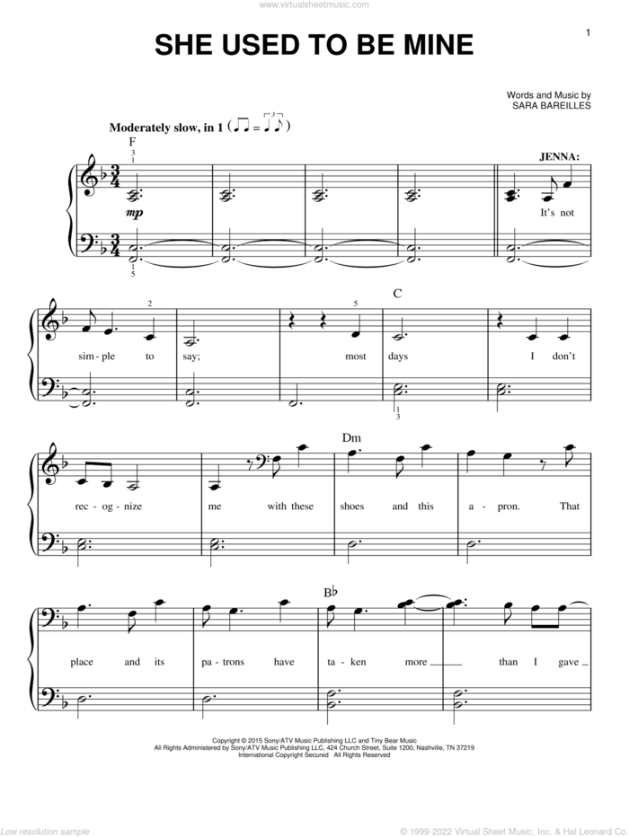 She Used To Be Mine (from Waitress The Musical) sheet music for piano solo by Sara Bareilles, easy skill level