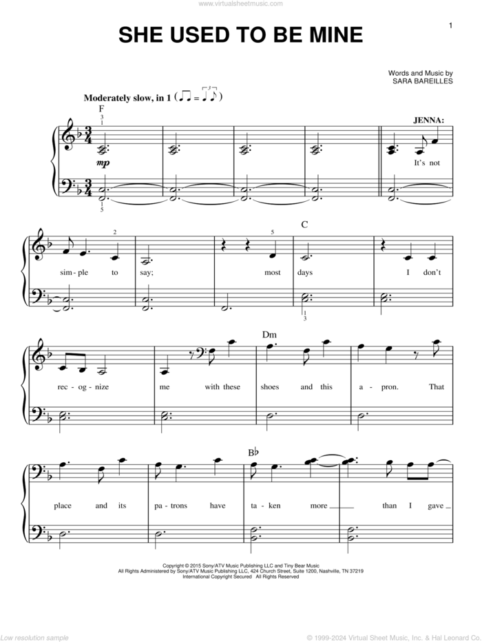 She Used To Be Mine (from Waitress The Musical) sheet music for piano solo by Sara Bareilles, easy skill level