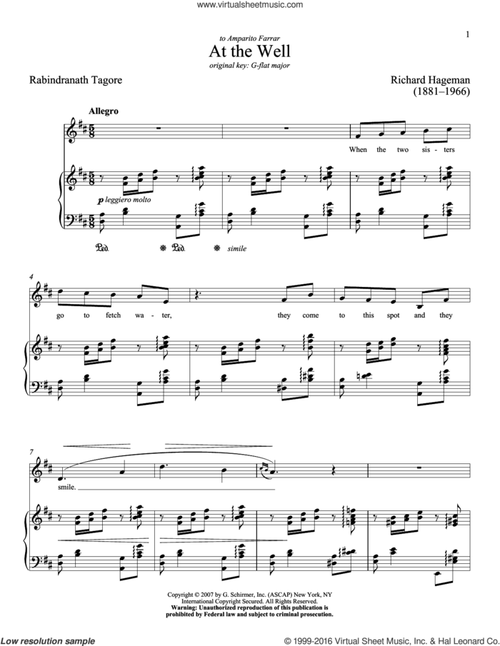 At The Well sheet music for voice and piano (Low Voice) by Rabindranath Tagore, Richard Walters and Richard Hageman, classical score, intermediate skill level