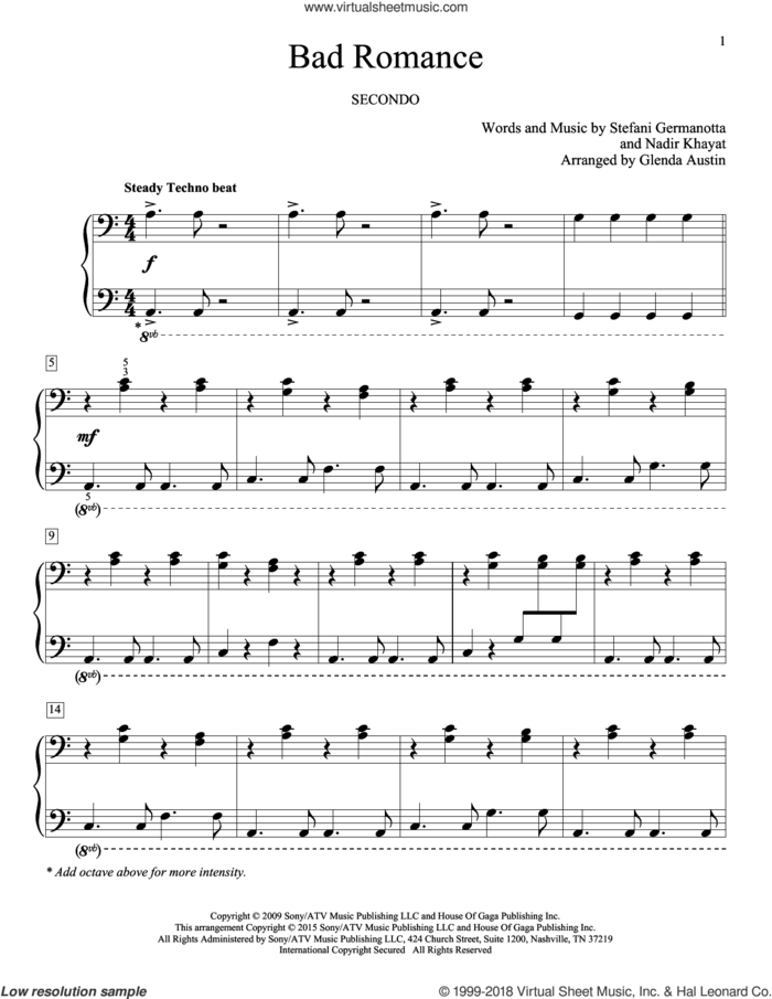 Bad Romance sheet music for piano four hands by Lady Gaga, Glenda Austin, Carolyn Miller, Eric Baumgartner and Nadir Khayat, intermediate skill level