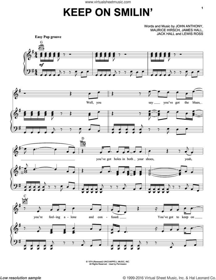 Keep On Smilin' sheet music for voice, piano or guitar by Wet Willie, Jack Hall, James Hall, John Anthony, Lewis Ross and Maurice Hirsch, intermediate skill level