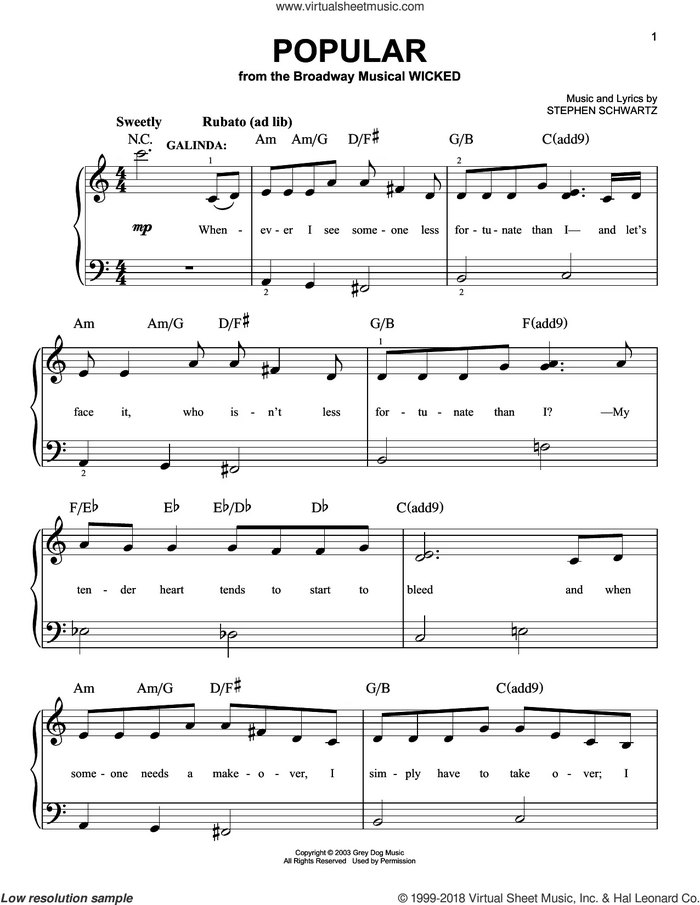 Popular (from Wicked), (beginner) sheet music for piano solo by Stephen Schwartz, beginner skill level