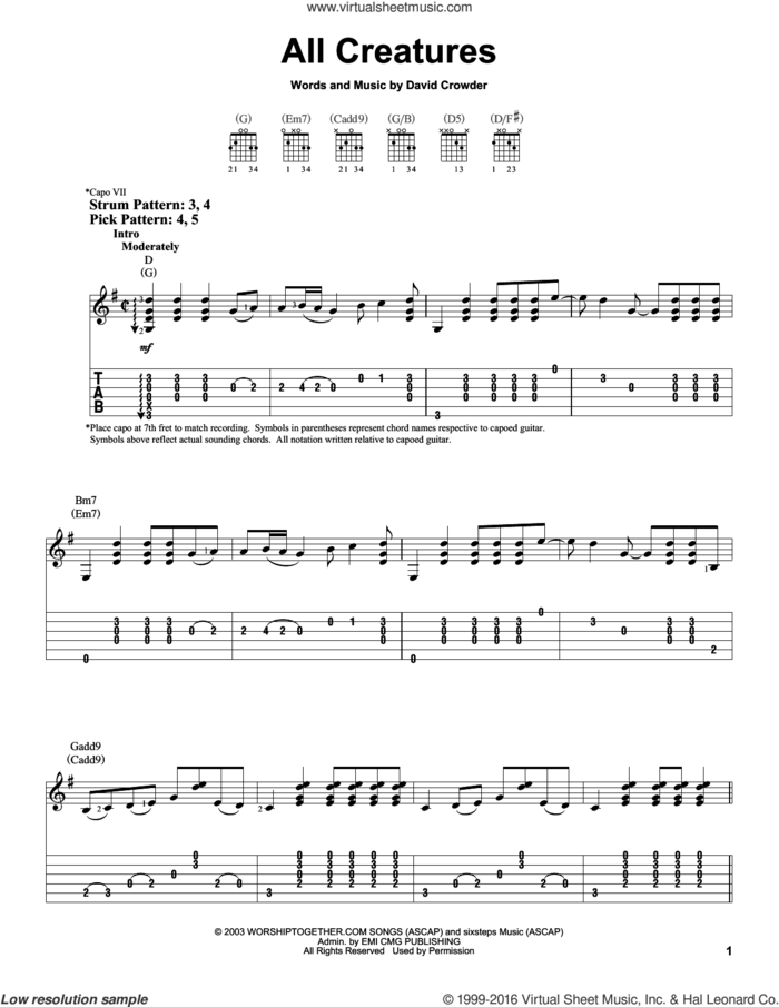 All Creatures Of Our God And King sheet music for guitar solo (easy tablature) by David Crowder, David Crowder Band and Milligan, easy guitar (easy tablature)
