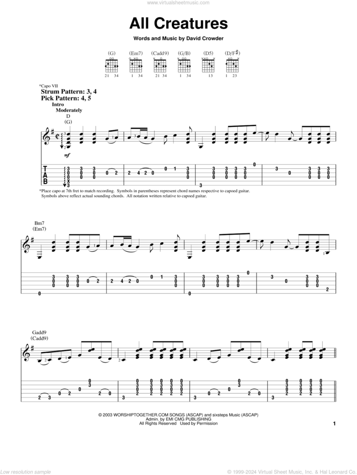 All Creatures Of Our God And King sheet music for guitar solo (easy tablature) by David Crowder, David Crowder Band and Milligan, easy guitar (easy tablature)