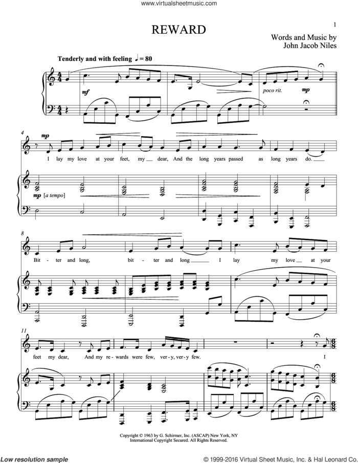 Reward sheet music for voice and piano (Low Voice) by John Jacob Niles and Richard Walters, classical score, intermediate skill level