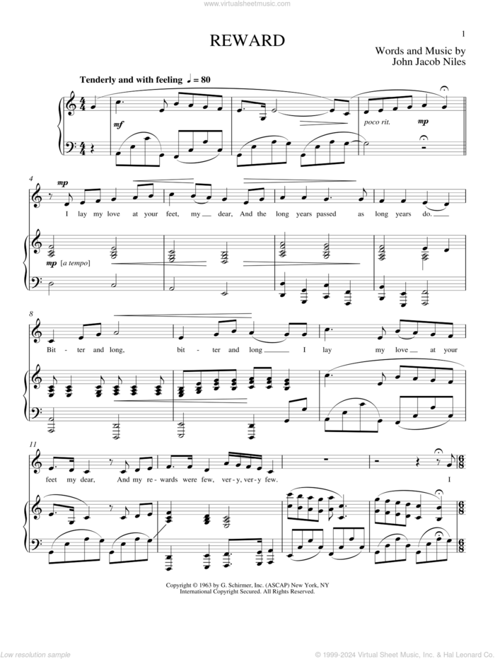 Reward sheet music for voice and piano (Low Voice) by John Jacob Niles and Richard Walters, classical score, intermediate skill level