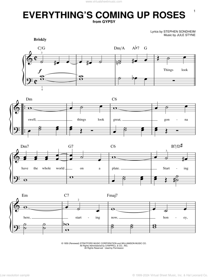 Everything's Coming Up Roses sheet music for piano solo by Stephen Sondheim and Jule Styne, beginner skill level