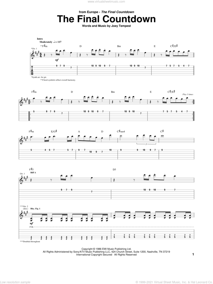 Final Countdown sheet music for guitar (tablature) by Europe and Joey Tempest, intermediate skill level
