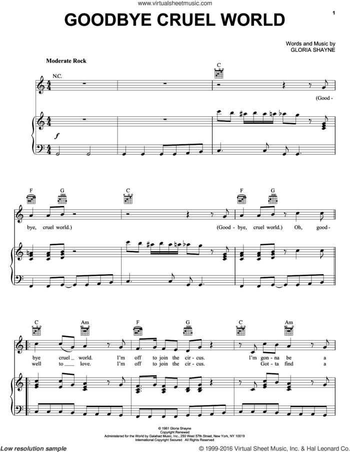 Goodbye Cruel World sheet music for voice, piano or guitar by James Darren and Gloria Shayne, intermediate skill level