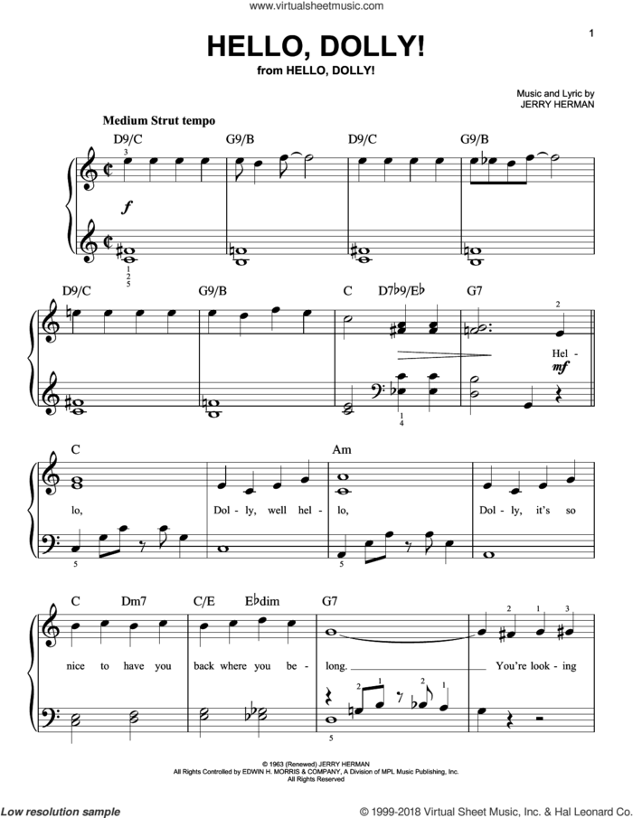 Hello, Dolly!, (beginner) sheet music for piano solo by Louis Armstrong and Jerry Herman, beginner skill level