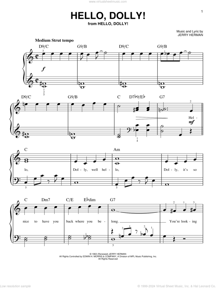 Hello, Dolly!, (beginner) sheet music for piano solo by Louis Armstrong and Jerry Herman, beginner skill level