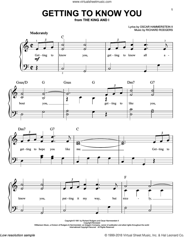 Getting To Know You sheet music for piano solo by Rodgers & Hammerstein, Oscar II Hammerstein and Richard Rodgers, beginner skill level