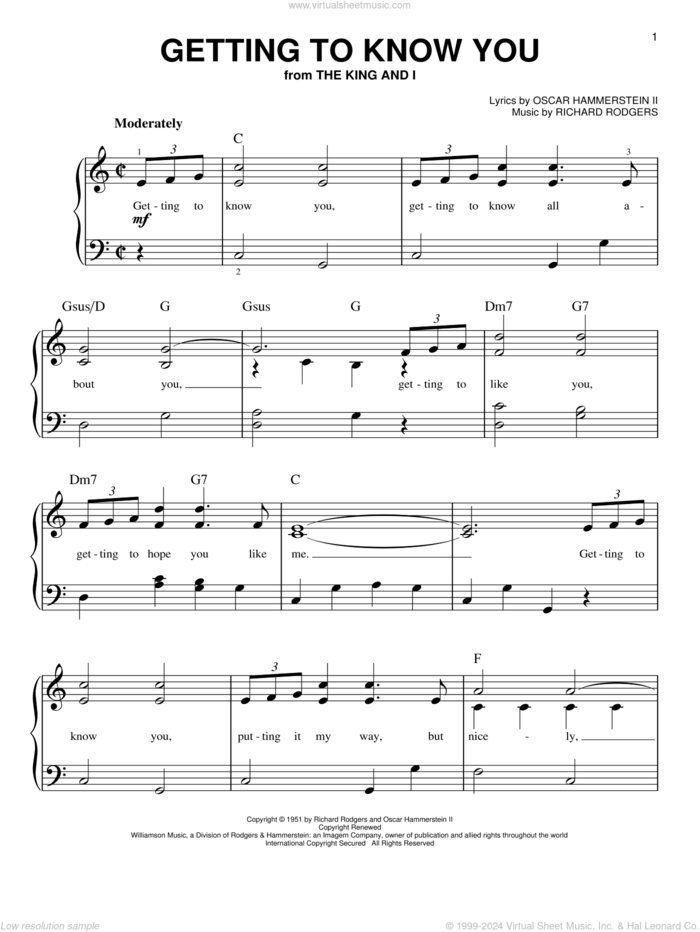 Getting To Know You, (beginner) sheet music for piano solo by Rodgers & Hammerstein, Oscar II Hammerstein and Richard Rodgers, beginner skill level