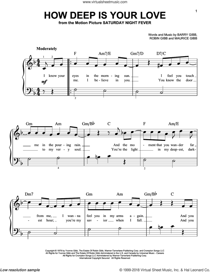 How Deep Is Your Love, (beginner) sheet music for piano solo by Barry Gibb, Bee Gees, Maurice Gibb and Robin Gibb, beginner skill level