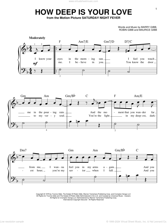 How Deep Is Your Love, (beginner) sheet music for piano solo by Barry Gibb, Bee Gees, Maurice Gibb and Robin Gibb, beginner skill level