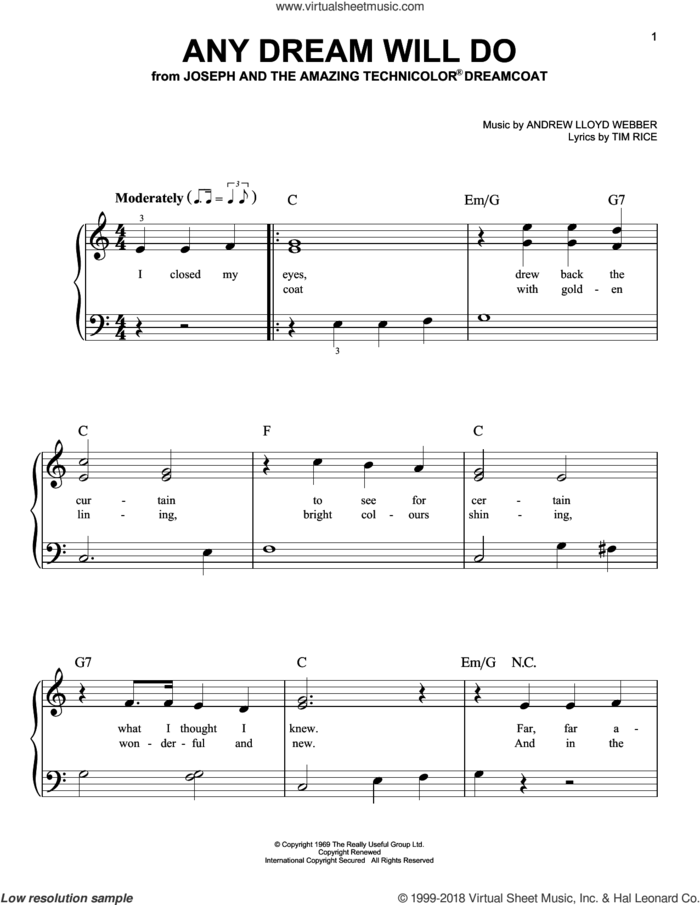 Any Dream Will Do, (beginner) sheet music for piano solo by Andrew Lloyd Webber and Tim Rice, beginner skill level