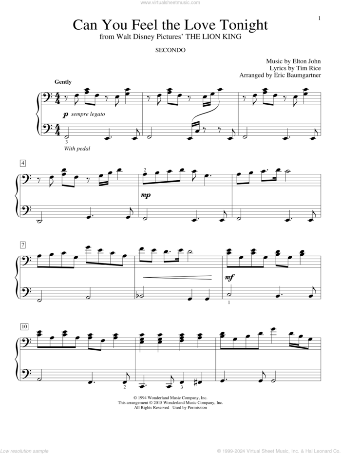 Can You Feel The Love Tonight (from The Lion King) (arr. Eric Baumgartner) sheet music for piano four hands by Elton John, Eric Baumgartner, Carolyn Miller, Glenda Austin and Tim Rice, wedding score, intermediate skill level