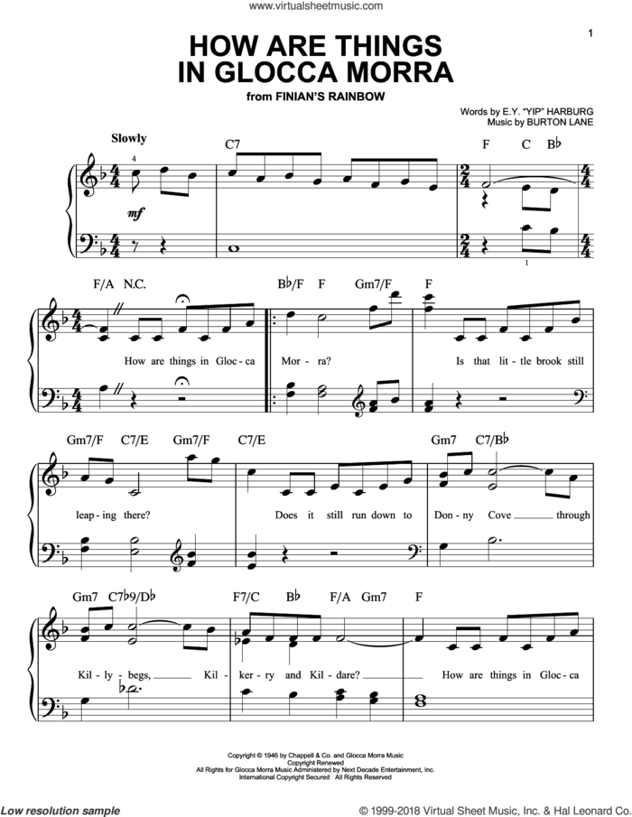 How Are Things In Glocca Morra sheet music for piano solo by Burton Lane, Tommy Dorsey and E.Y. Harburg, beginner skill level