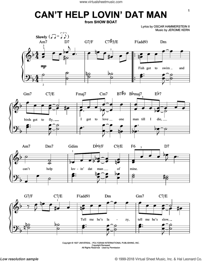 Can't Help Lovin' Dat Man sheet music for piano solo by Jerome Kern, Annette Warren, Helen Morgan and Oscar II Hammerstein, beginner skill level