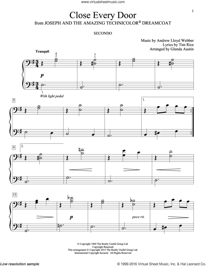 Close Every Door (arr. Glenda Austin) sheet music for piano four hands by Andrew Lloyd Webber, Glenda Austin, Carolyn Miller, Eric Baumgartner and Tim Rice, intermediate skill level