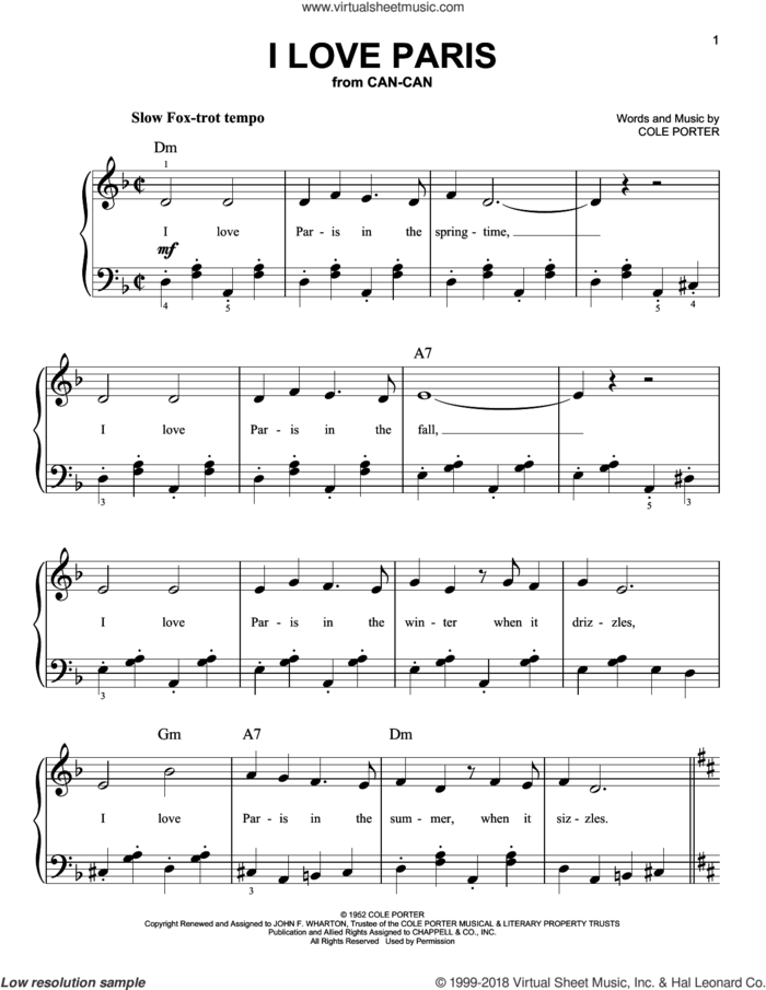 I Love Paris, (beginner) sheet music for piano solo by Cole Porter, beginner skill level