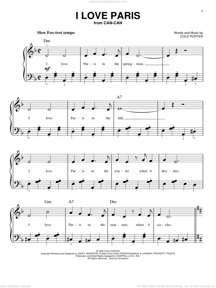 I Love Paris, (beginner) sheet music for piano solo by Cole Porter, beginner skill level