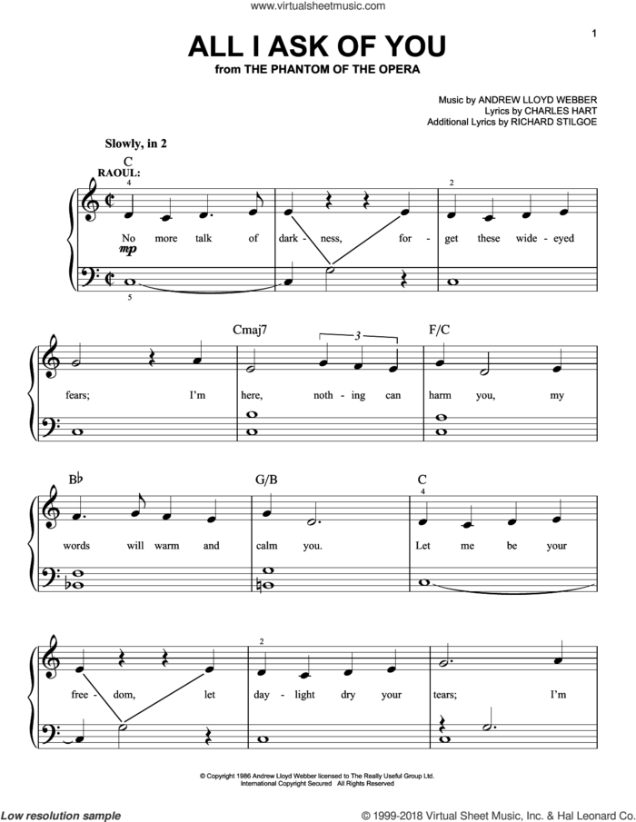 All I Ask Of You (from The Phantom Of The Opera), (beginner) sheet music for piano solo by Andrew Lloyd Webber, Charles Hart and Richard Stilgoe, wedding score, beginner skill level