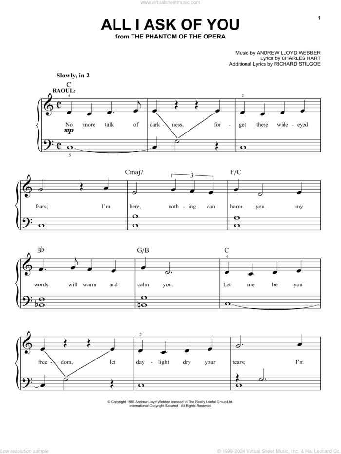 All I Ask Of You (from The Phantom Of The Opera), (beginner) sheet music for piano solo by Andrew Lloyd Webber, Charles Hart and Richard Stilgoe, wedding score, beginner skill level