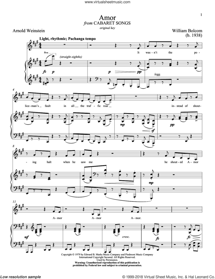 Amor sheet music for voice and piano (Low Voice) by William Bolcom, Richard Walters and Arnold Weinstein, classical score, intermediate skill level
