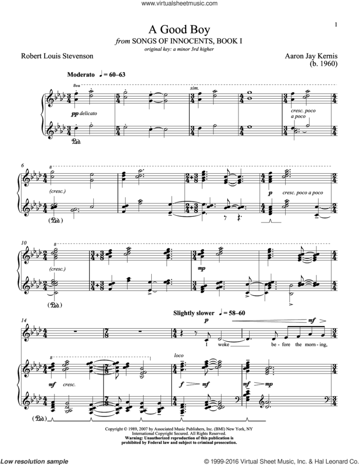 A Good Boy sheet music for voice and piano (Low Voice) by Robert Louis Stevenson, Richard Walters and Aaron Jay Kernis, classical score, intermediate skill level