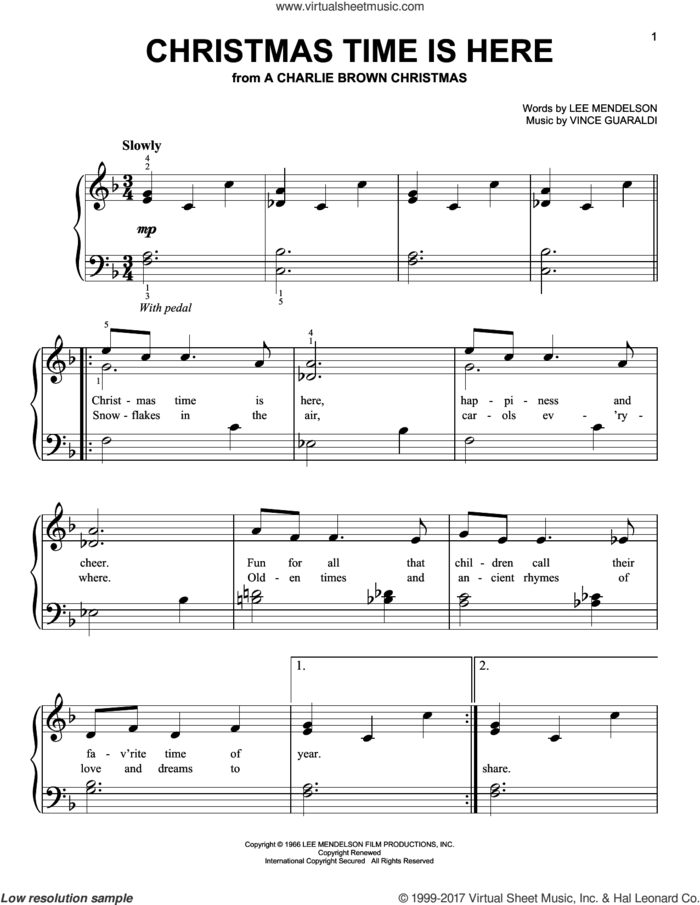 Christmas Time Is Here, (easy) sheet music for piano solo by Vince Guaraldi and Lee Mendelson, easy skill level