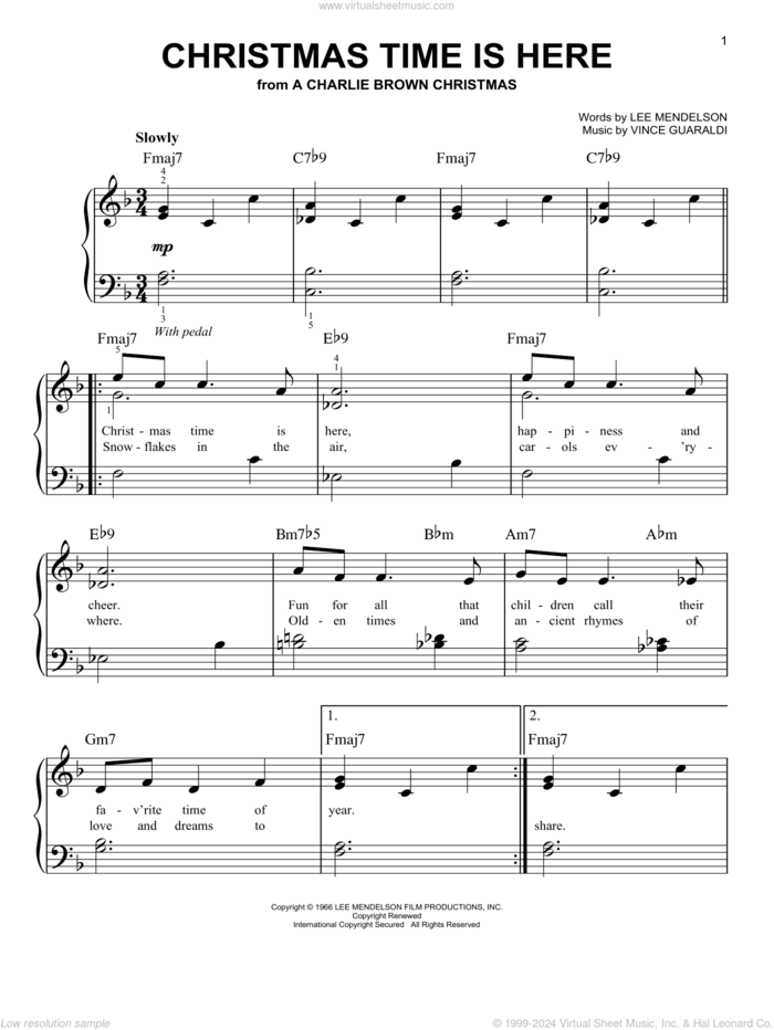 Christmas Time Is Here, (easy) sheet music for piano solo by Vince Guaraldi and Lee Mendelson, easy skill level